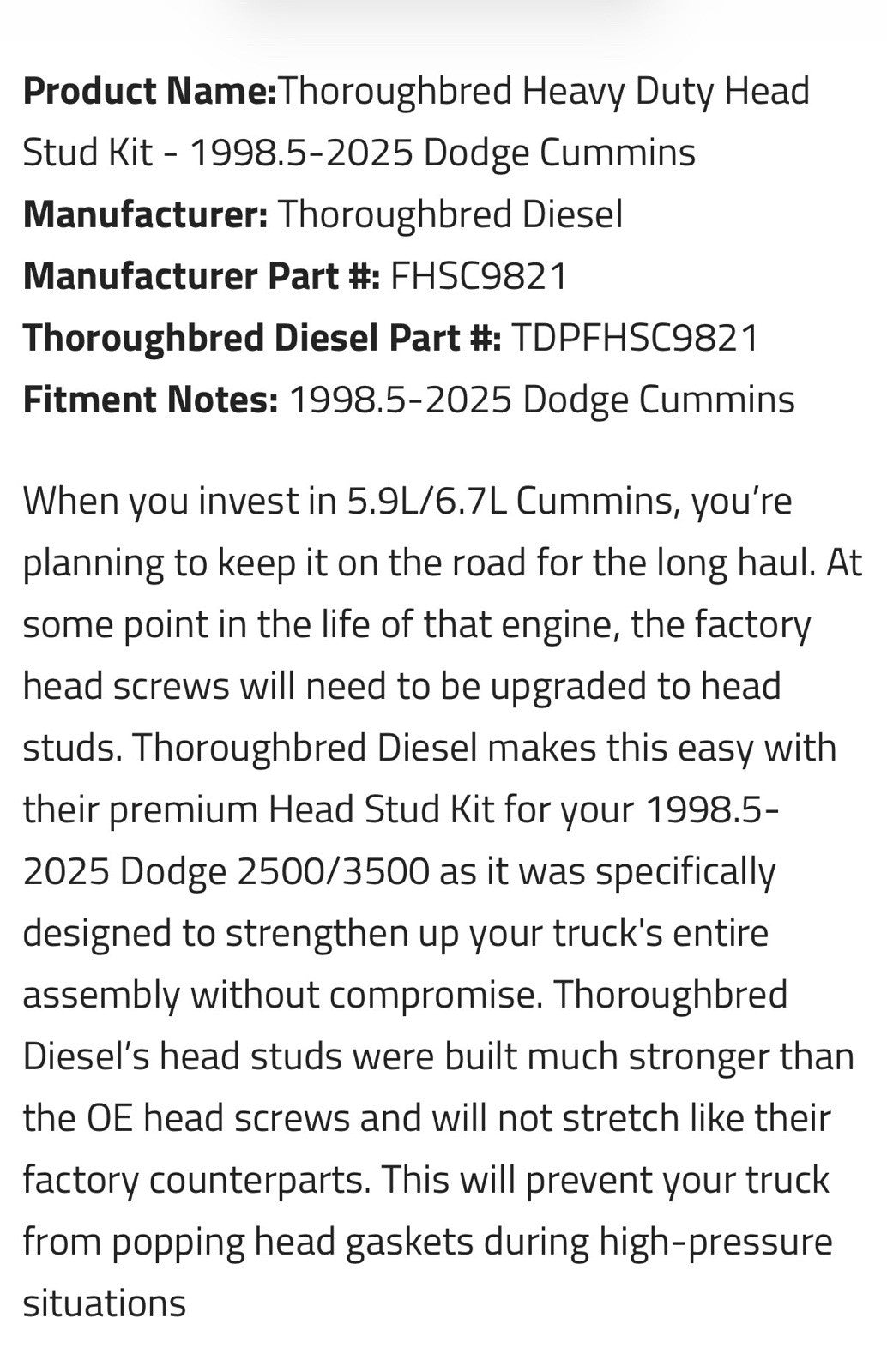 5.9L Cummins Head Stud 1998 - New Direct-Fit Diesel Replacement